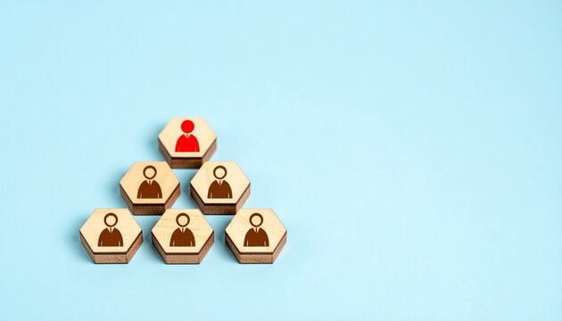 Wooden hexagonal blocks pyramid hierarchy leader red icon