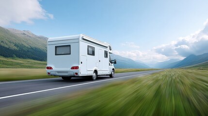 Obraz premium Recreational motorhome driving through open mountain valley road