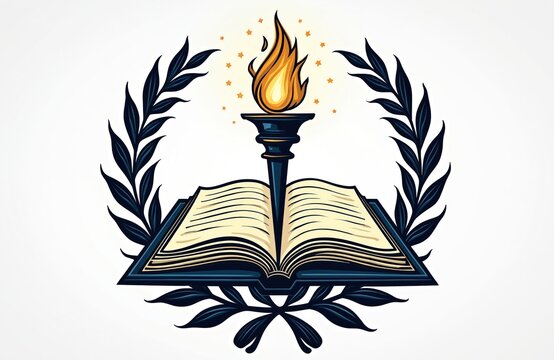 Open book with lit torch above. Laurel wreath encircles emblem. Stars sparkle around flame. Symbolizes knowledge wisdom and achievement in learning.