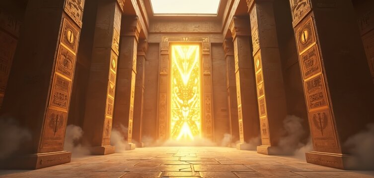 Ancient Egyptian temple hallway with stone columns. Ornate hieroglyphs cover walls, pillars. Bright glowing doorway emits mystical light creating spiritual atmosphere. Foggy haze drifts across floor.