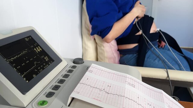 Pregnant woman connected to a cardiotocography machine while a fetal monitor screen shows the baby's heartbeat and the machine prints the results during a prenatal medical check-up