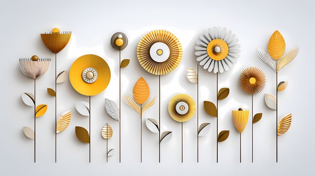 Diverse 3D Paper Cut Floral Garden Collection in Neutral and Yellow Tones for Wall Art Decoration and Sustainable Product Packaging