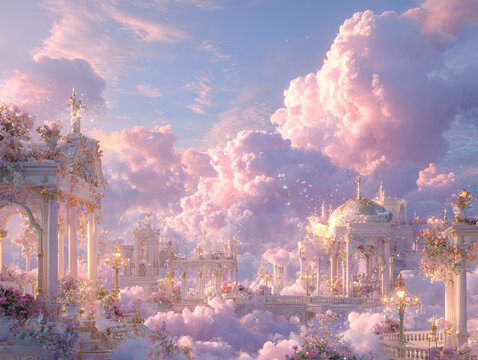 A breathtaking fantasy illustration depicts an opulent white-and-gold baroque palace floating among glowing pink and gold clouds, adorned with blooming purple flowers.