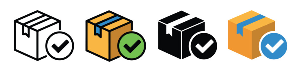 Delivered package icon vector, cardboard box with checkmark symbol for shipping success, order tracking, logistics service confirmation and delivery status ©                     
