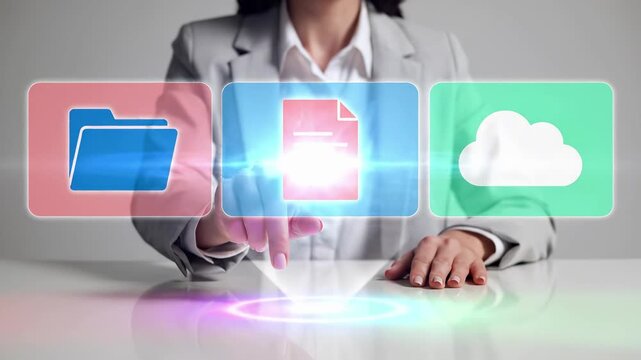 Businesswoman touching digital file management interface with folder document and cloud storage icons. Office data organization and computing technology for modern business workflow