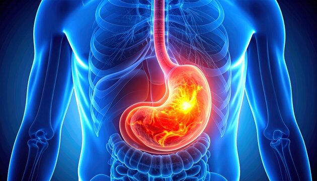 Digital medical illustration highlighting stomach and intestines, showing inflammation in small intestine, designed for healthcare, education, and anatomy visualization.