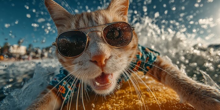Close-up action shot of a cool cat in a tropical shirt riding a surfboard. Fun and dynamic summer holiday background