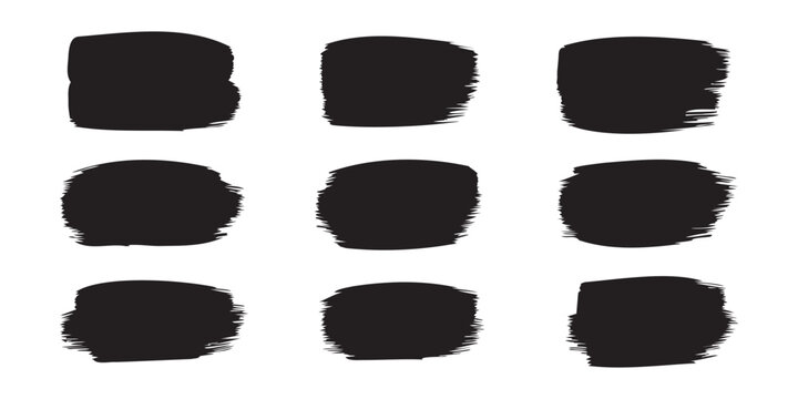 Black grunge paint brush strokes. Textured rectangular banner blocks and ink swatch dividers. Professional vector assets for modern industrial branding.
