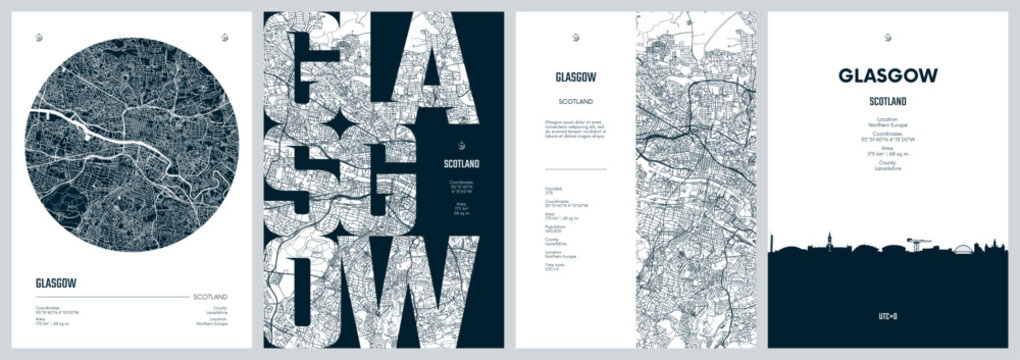 Set of travel posters design with street plan Glasgow the most populous city in Scotland, Silhouette city skyline, vector artwork, Monochrome printable detailed urban city map