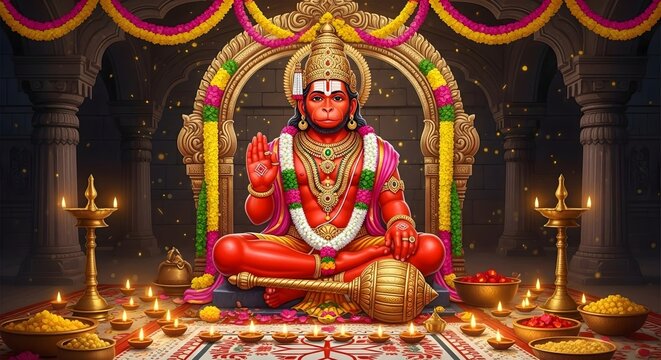 Hanuman hindu god illustration with offerings and diya lamps for hindu festival puja