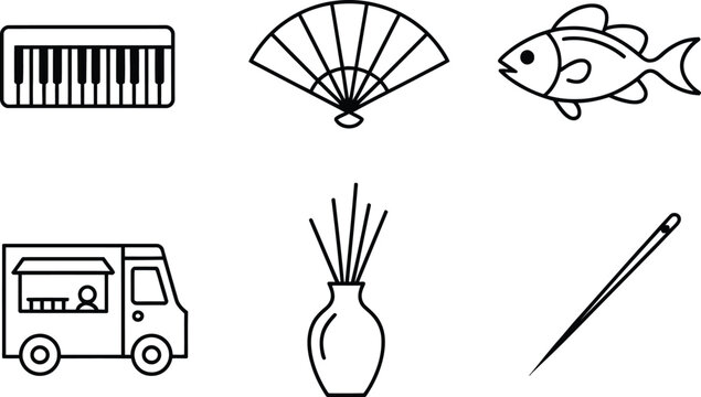 A hand drawn vector illustration set featuring a black sketch silhouette of an electric guitar, a fork, and a parachute icon as a business art symbol design
