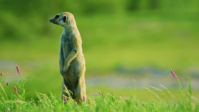 Portrait of Meerkat Suricata suricatta, African native animal, small carnivore belonging to the mongoose family. 