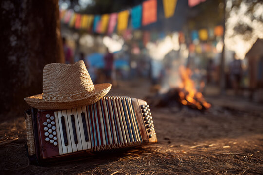 Brazilian Festa Junina scene with straw hat on accordion, bonfire and colorful flags, rustic atmosphere, warm light, vibrant colors, clean composition with copy space

