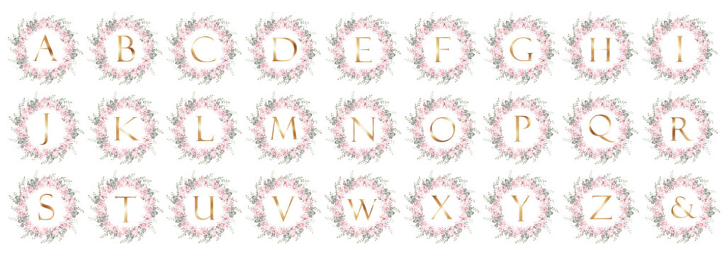 Watercolor rose wreath alphabet set with gold letters A to Z and ampersand, botanical floral monogram collection for wedding invitations, branding and elegant decorative design