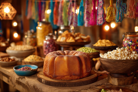 Flat lay of Brazilian Festa Junina food table with corn cake, canjica, pa&ccedil;oca and popcorn, colorful decorations, soft lighting, rustic festive mood, vibrant composition, clean layout with copy space
