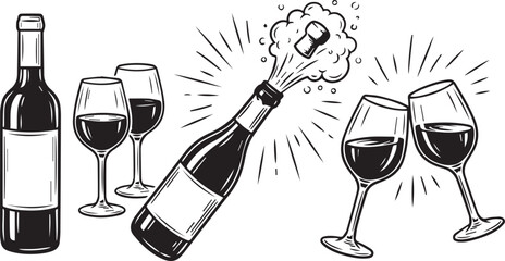 Obraz premium Black and white illustration of wine bottle glasses and champagne cork popping with bubbles symbolizing toast celebration festivity and hospitality