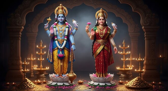 Lord vishnu and lakshmi devi standing on lotus with diya lights and gold coins hindu gods