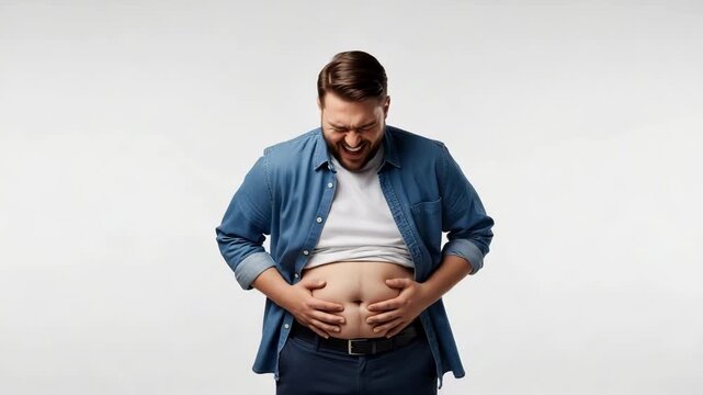 A happy plus-sized man smiling and holding his bare belly in a blue shirt on a white background in a video