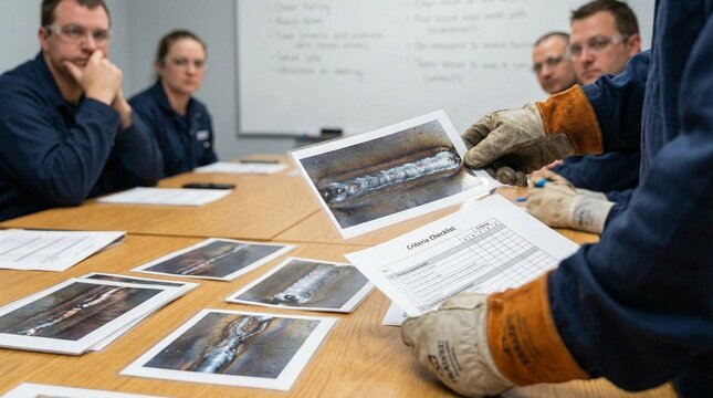 Engineers review of welding results in a workshop for the concept of industry training.