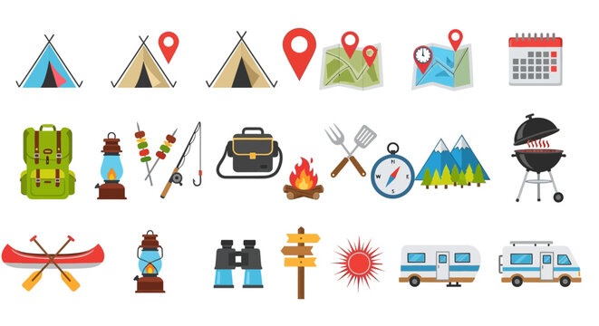 Collection of camping and outdoor activity icons including tents, backpacks, maps, compasses, campfires, and grills
