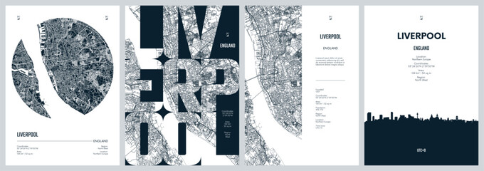 Set of travel posters with Liverpool, detailed urban street plan city map, Silhouette city skyline, vector artwork © max_776