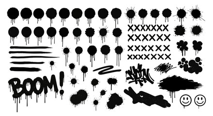 Dynamic collection of black spray paint design elements, featuring graffiti drips, messy splatters, grunge textures, abstract marks, and urban street art effects for creative projects © imran