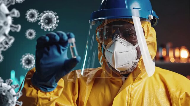 Scientist in hazmat protective suit mask and face shield holding test vial sample with virus particles. Biological hazard research and pandemic disease prevention for medical science and health safety