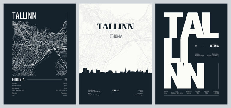 Set of travel posters with Tallinn, detailed urban street plan city map, Silhouette city skyline, vector artwork, set 2