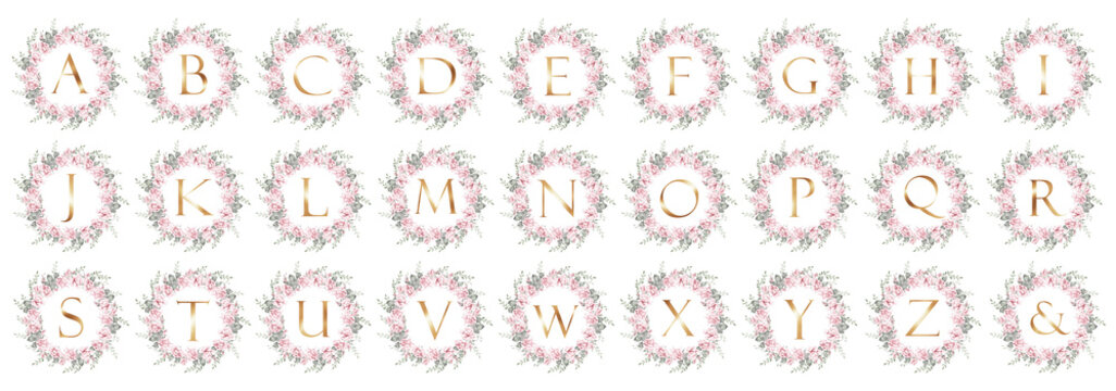 Watercolor rose wreath alphabet set with gold letters A to Z and ampersand, botanical floral monogram collection for wedding invitations, branding and elegant decorative design