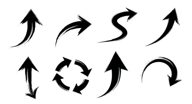 Dynamic set of grunge-style black arrow symbols, perfect for web design, user interface navigation, and contemporary directional indicators, featuring a variety of rough brush stroke vectors