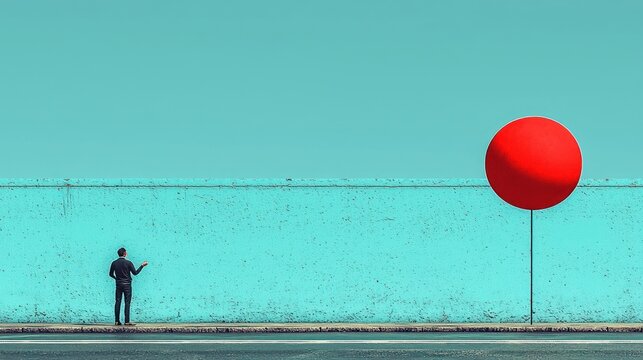 Man observes large red sphere beyond wall outdoors
