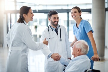 Obraz premium Medical Team Greeting a Senior Patient in a Wheelchair with Handshakes
