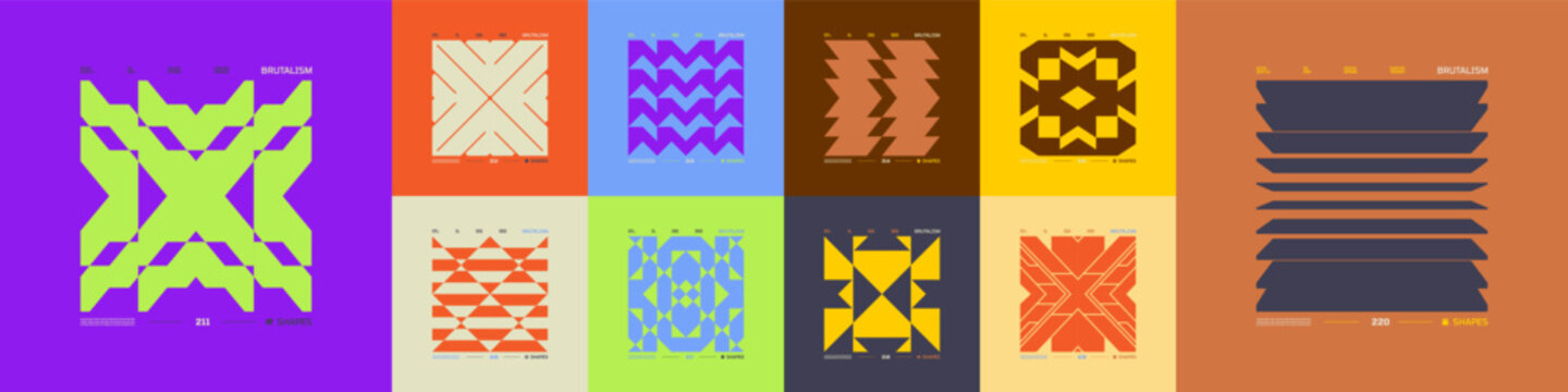 Futuristic assets brutal bold modern mosaic print design with abstract brutalism shapes, Postmodern tech geometric compositions in cyberpunk style, vector modernist ornament, Kit 22