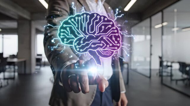 Business professional holding glowing digital circuit brain in modern office. Artificial intelligence and machine learning neural network technology for cognitive computing and smart innovation