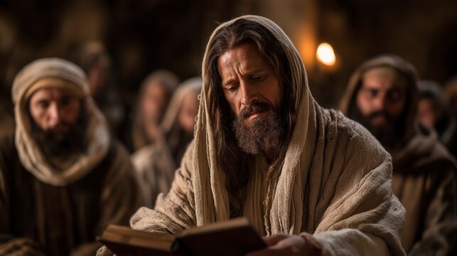 Jesus Christ reads from Isaiah in the synagogue of Nazareth, as listeners watch in awe, revealing fulfillment, authority, and the announcement of God&rsquo;s grace.
