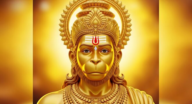 Golden statue of hanuman, the hindu monkey god, with a serene expression and ornate headdress.
