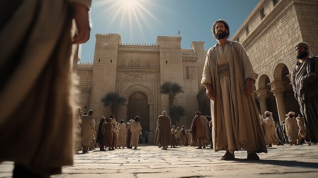 A dramatic biblical scene of Haman standing rigid in a sunlit palace courtyard while Mordecai remains upright at the city gate, refusing to bow, with movement of people and guards in the background.
