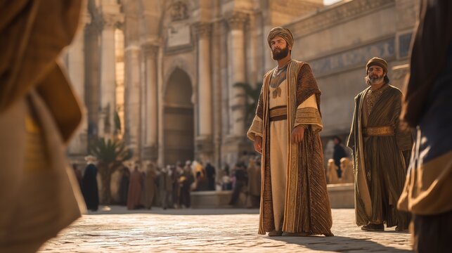 A dramatic biblical scene of Haman standing rigid in a sunlit palace courtyard while Mordecai remains upright at the city gate, refusing to bow, with movement of people and guards in the background.
