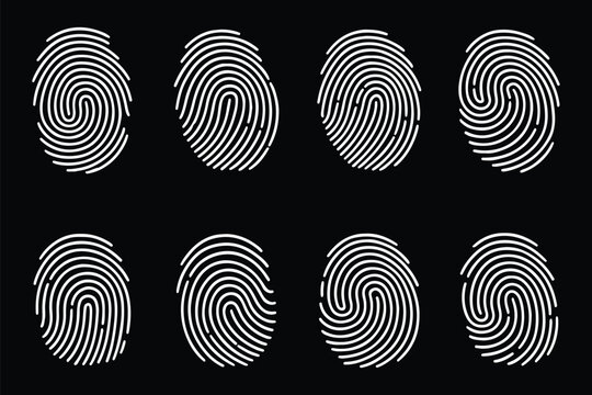 Biometric fingerprint icon set, 8 vector thumbprint symbols for security. Fingerprint icon. Simple outline style for web and app. Fingerprint identity and security symbols, scanning icon. EPS 10. 