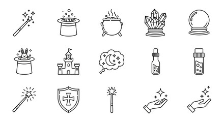 An enchanting collection of mystical outline icons featuring magic wands, spellbooks, cauldrons, and fantasy elements for creative design projects © imran
