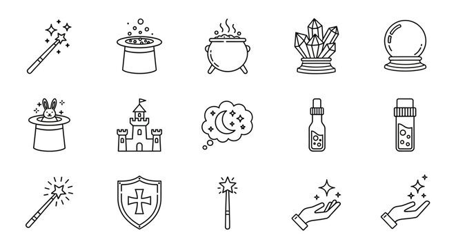 An enchanting collection of mystical outline icons featuring magic wands, spellbooks, cauldrons, and fantasy elements for creative design projects