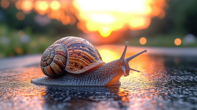 Snail crawling sunset garden path dew