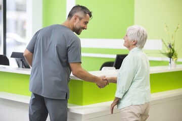 Obraz premium Male Nurse Greets a Senior Woman with a Handshake at a Clinic Reception