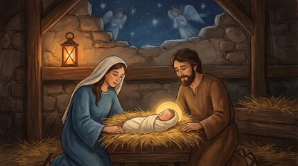 Fototapeta premium Woman and man kneeling by baby Jesus in manger. Catholic nativity scene in stable with stars and angels. Christmas holiday religious illustration of holy family birth of child savior.