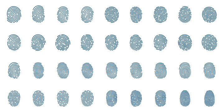 Minimal Fingerprint Line Icons Set &ndash; Biometric Identity, Security Scan, Thumbprint Patterns in Black and White Vector. Biometric Fingerprint Identification Scan Icon Set. Fingerprint icon silhouette. 