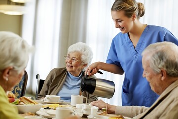 Obraz premium Nurse Pouring Coffee for Seniors During Breakfast at a Care Facility