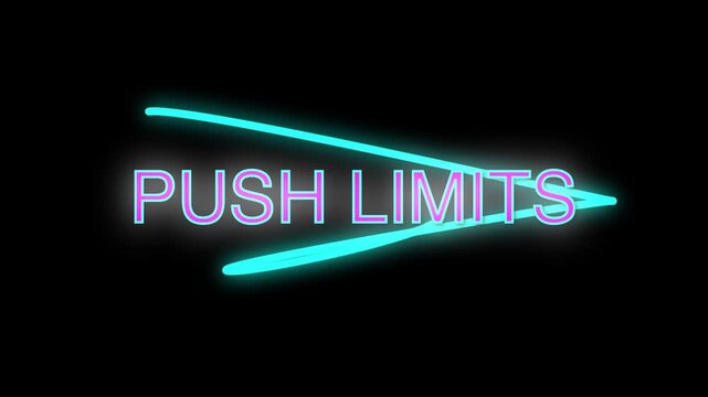 Neon push limits glowing text animation, futuristic cyberpunk typography, electric blue light trail