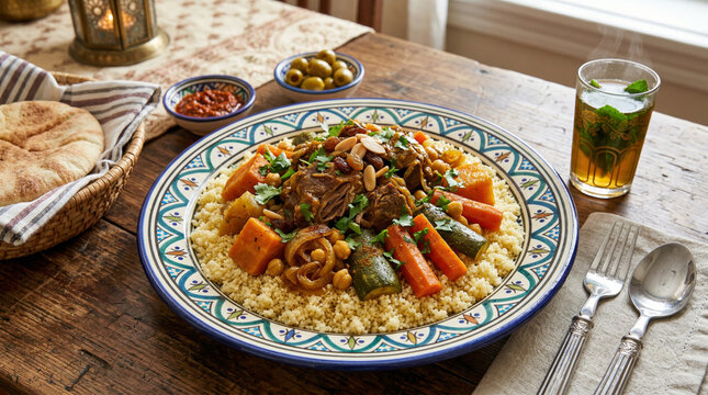 Delicious Moroccan dinner plate with couscous, traditional cuisine meal with meat and vegetables