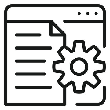 Minimalist black vector icon illustration of a web browser window containing a document and a gear, symbolizing website configuration, content management systems, and technical administration.
