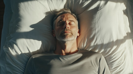 Fototapeta premium Middle-Aged Man Sleeping Peacefully in Soft Light - Relaxation AI Digital Illustration